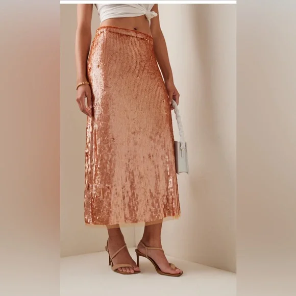 New (NWT) Love Shack Fancy Cadena Petal Gold Sequined Midi Skirt Size 12 Women